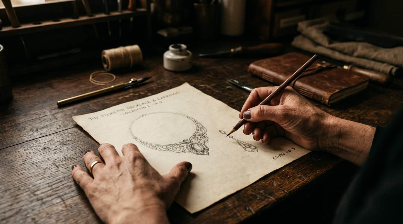 Artisan hands sketching a jewellery design on parchment paper
