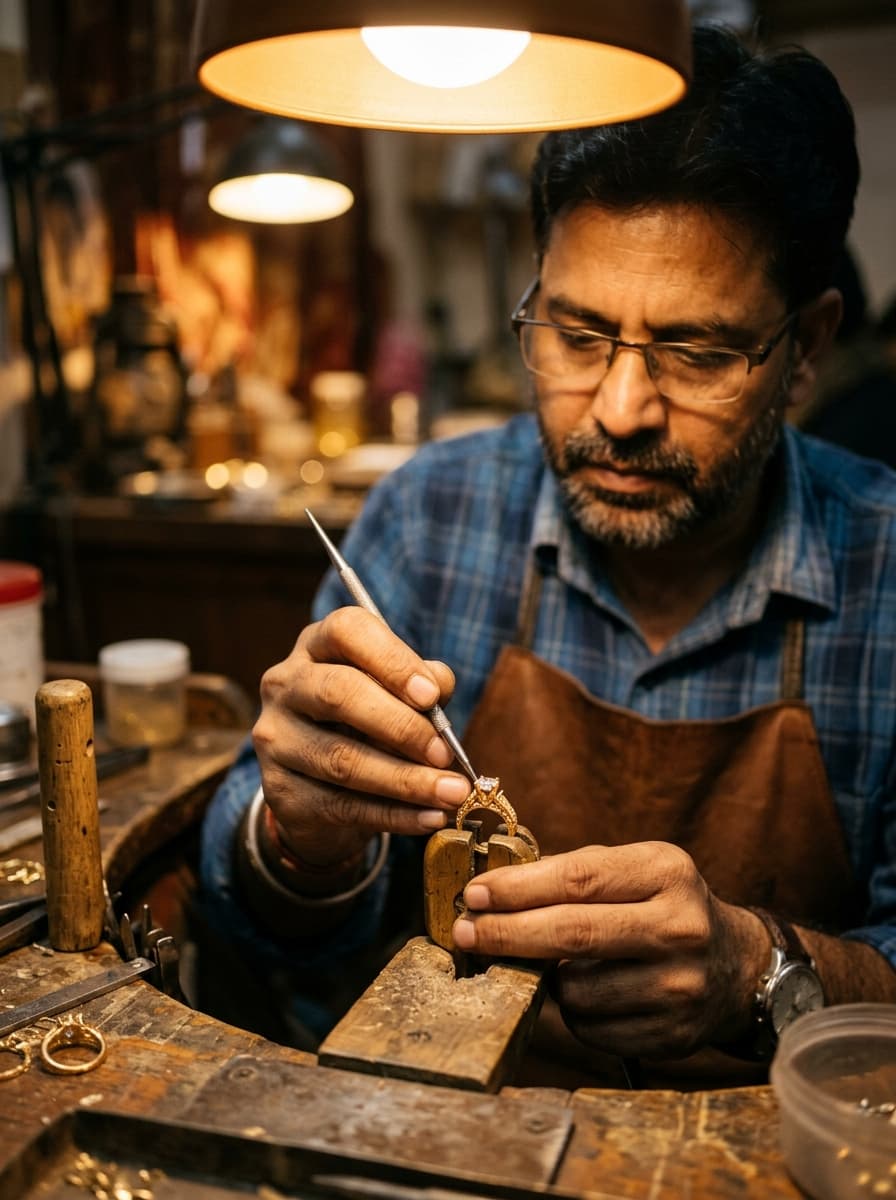 Goldsmith carefully setting a gemstone into a custom gold ring