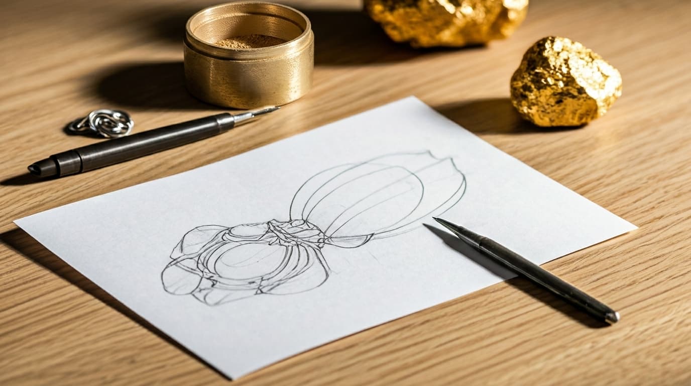 Artisan jewelry sketch with drafting tools and raw gold nuggets