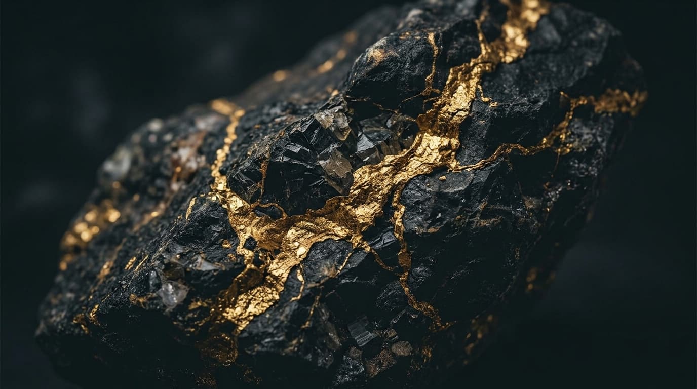 Raw gold veins in dark igneous rock with dramatic moody lighting