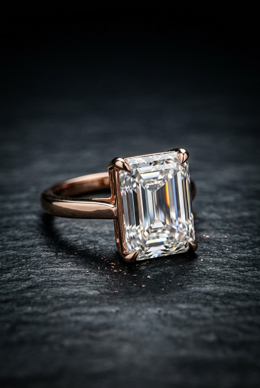Diamond solitaire ring on textured dark stone background