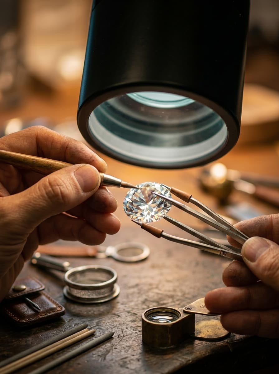 Artisan hands polishing a brilliant-cut diamond