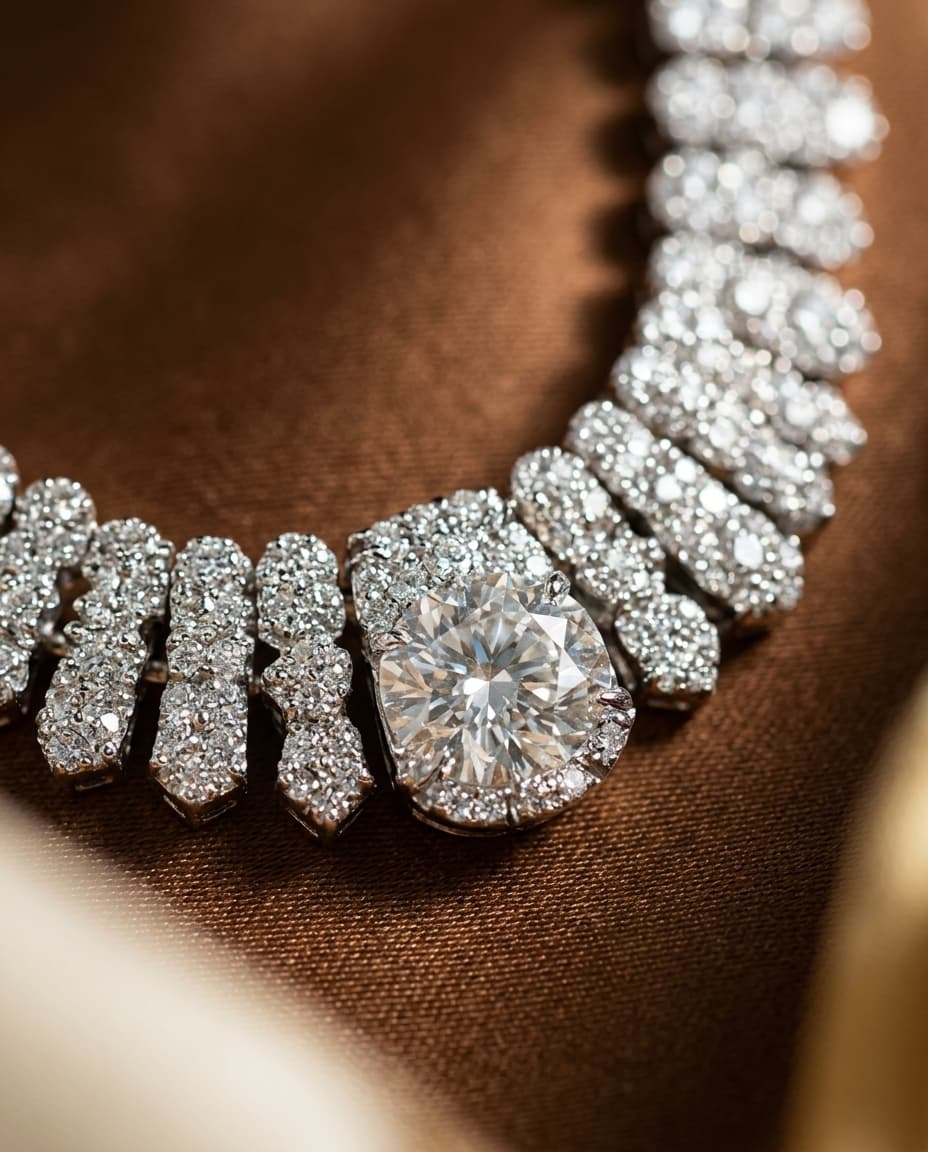 Macro photograph of a high-end diamond necklace on silk fabric