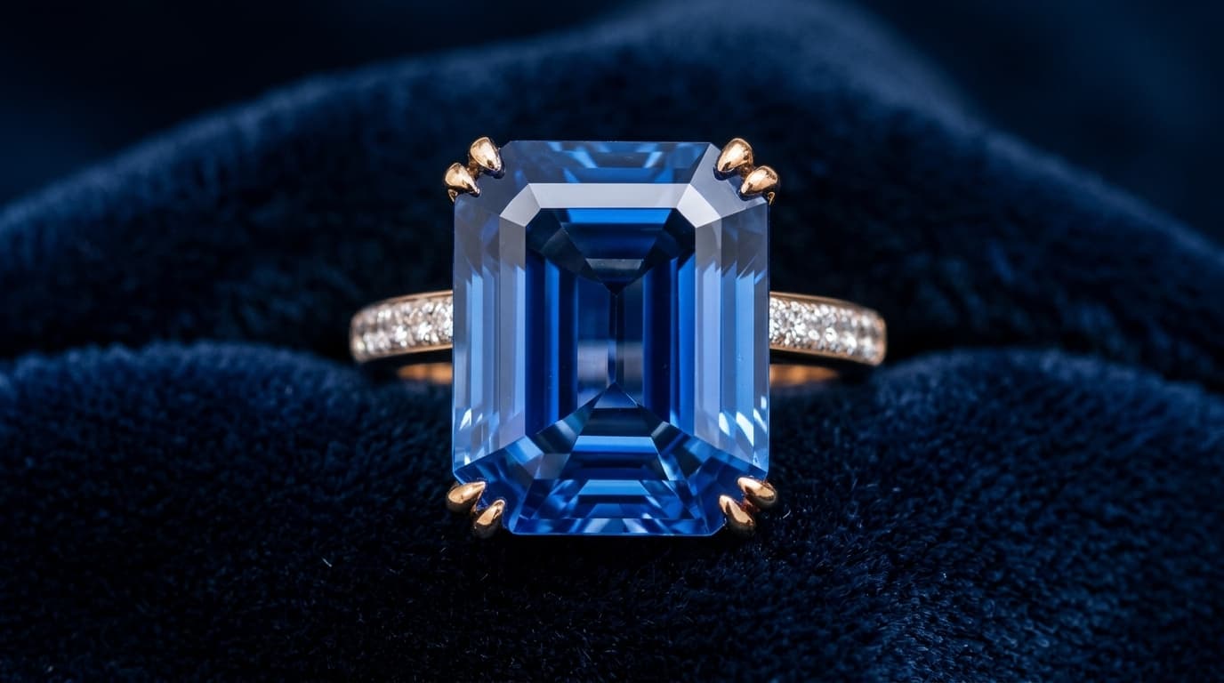 Emerald cut sapphire ring against dark velvet background