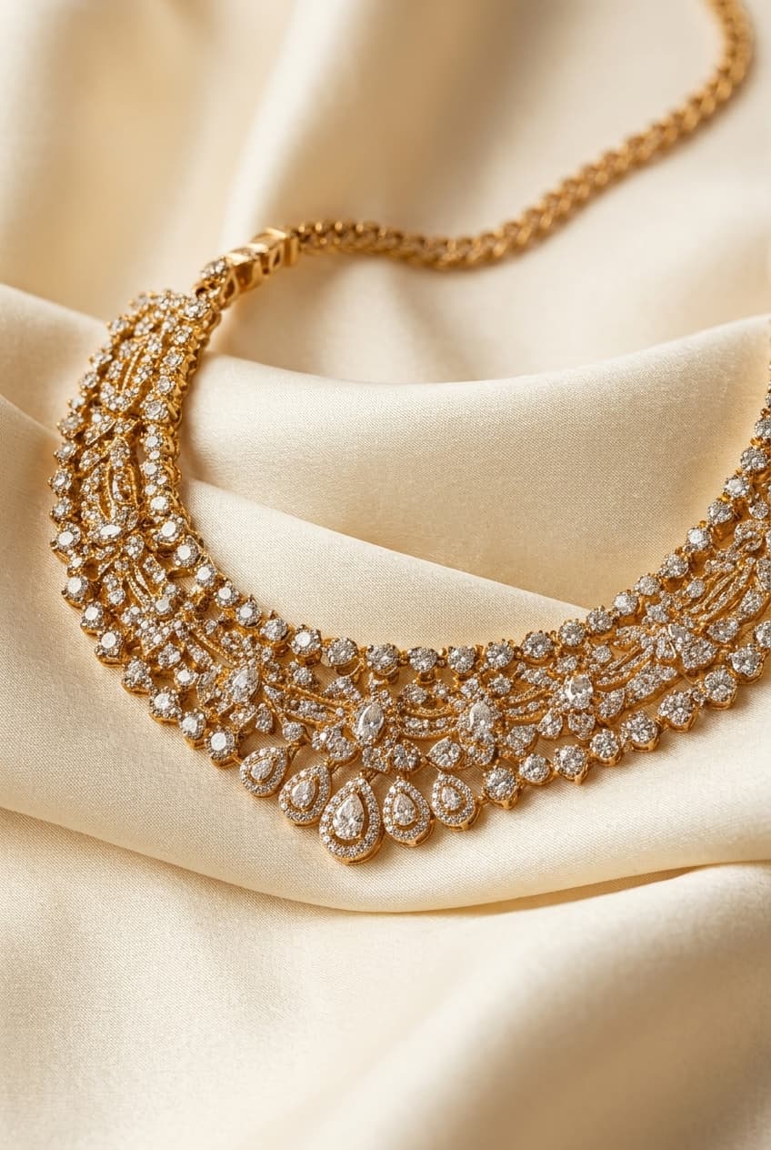 Intricate gold bridal necklace with diamonds on beige silk background